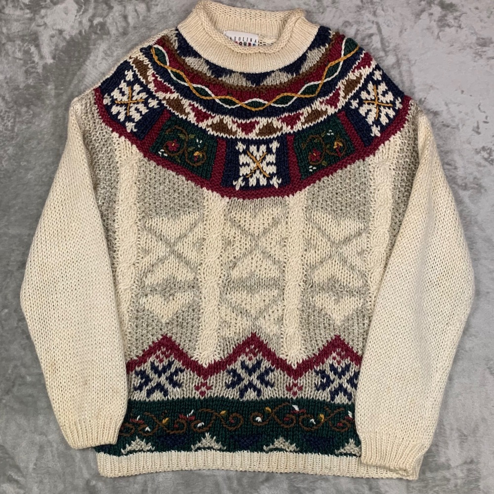 Carolina Colours Vintage Fair Isle Cable Knit Sweater Cream Floral Mock Neck M